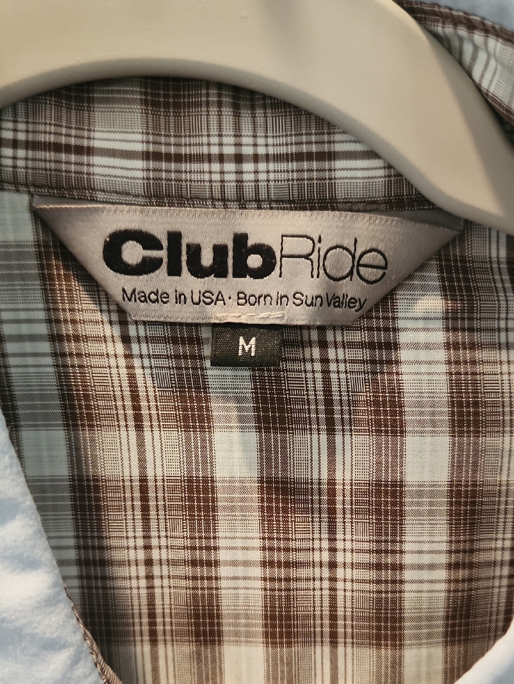 Club Ride Western-themed Riding Shirt. Light Blue with Brown Plaid Yoke - Picture 2 of 4